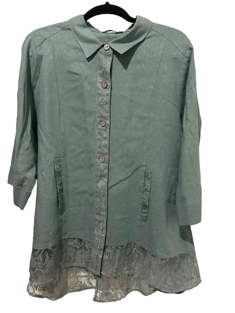 Simply Noelle Linen Viscose Lace Sage Green Whimsical Tunic Top Women's